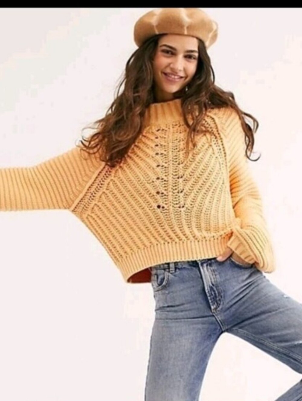 Free People Yellow Cable-Knit Cropped Turtleneck Sweater Size Medium